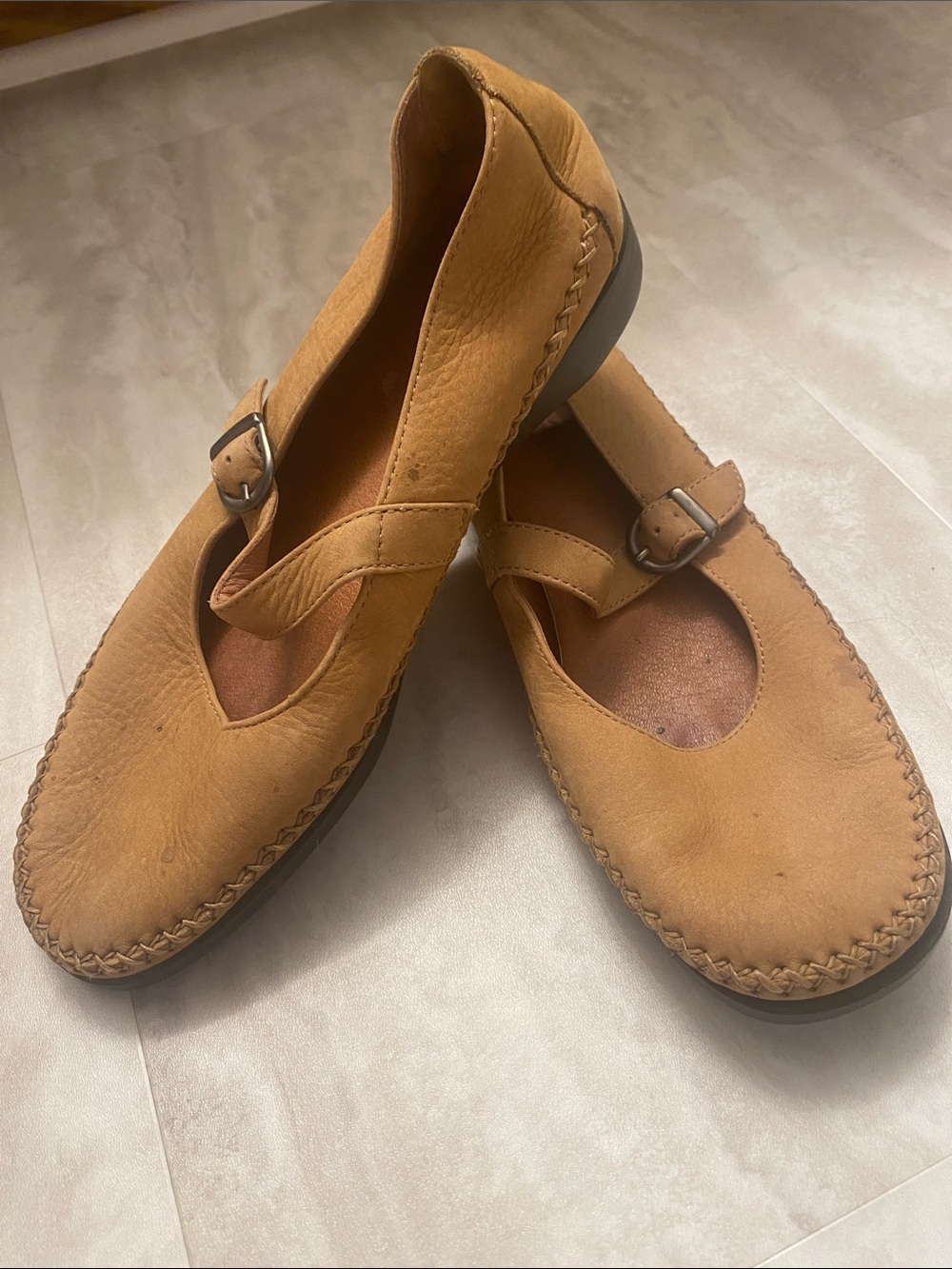 Dexter Tan Mary Jane Leather Flats with Adjustable Buckle